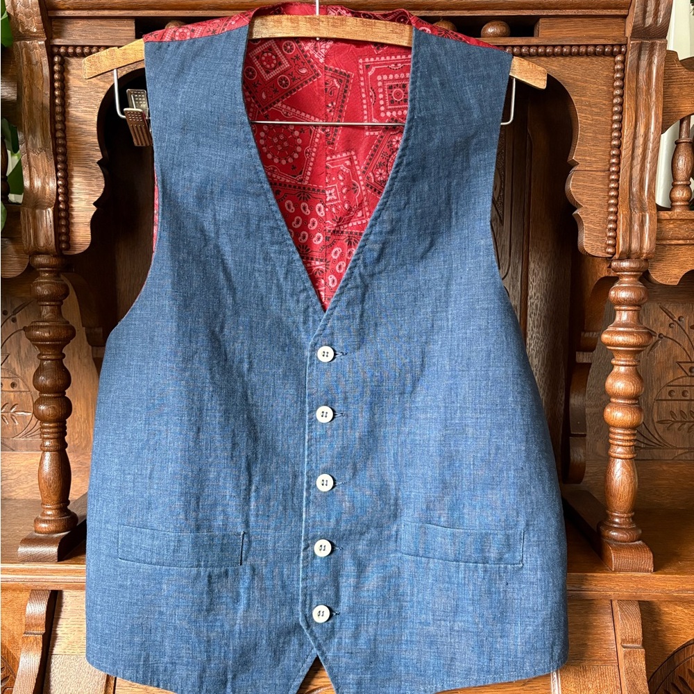 Blue Button-Up Vintage Western Red Bandana Print Vest Size Medium